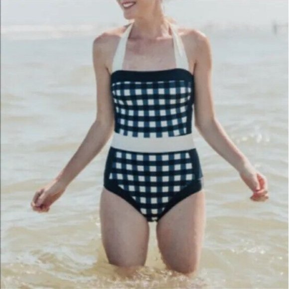 Boden Other - Boden Santorini One Piece Halter Swimsuit Gingham Navy White US 16 Bathing Suit